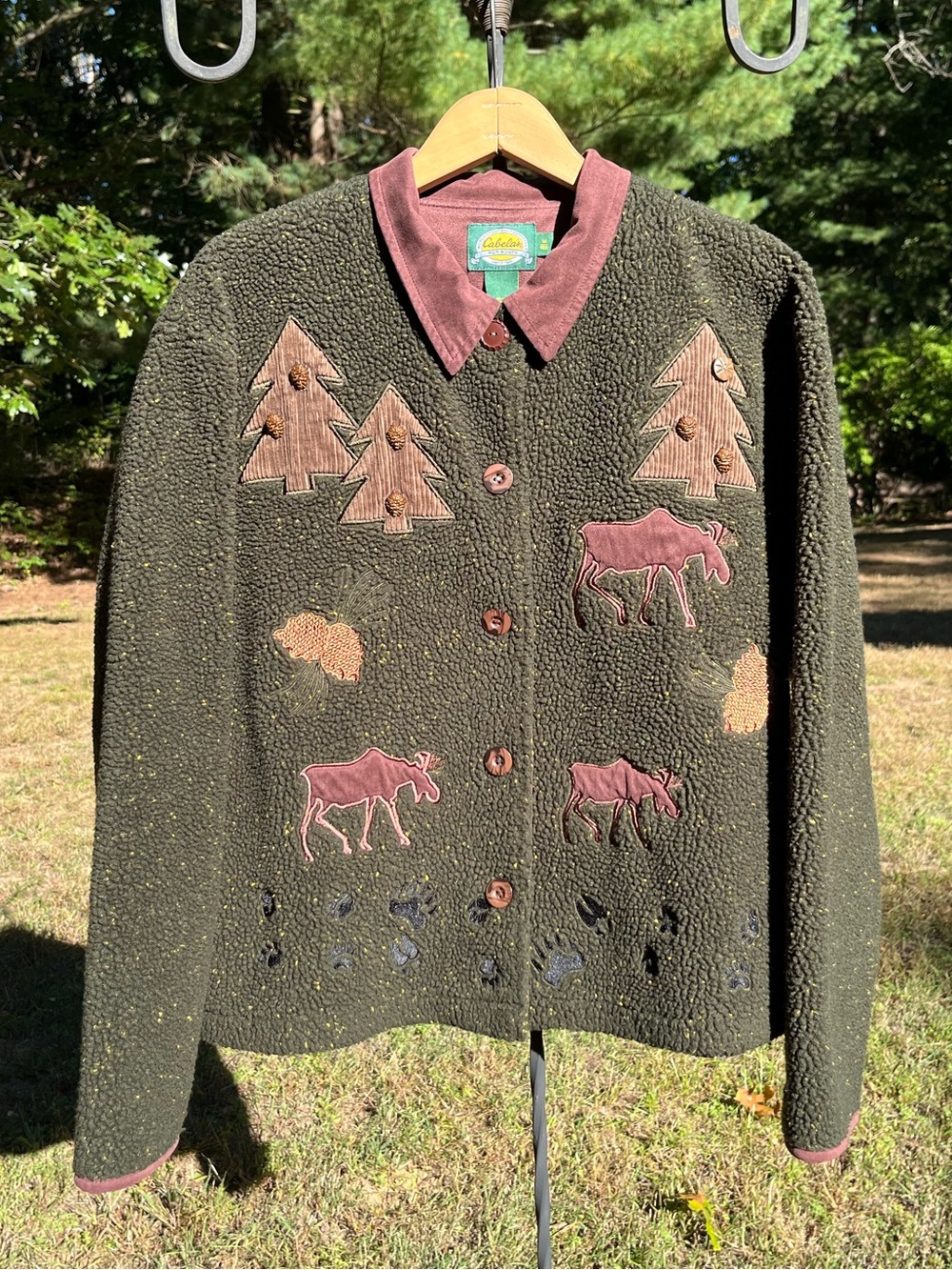 90s Cabela’s Faux Sherpa Teddy Jacket Green Granola Moose Camping Trees Size M